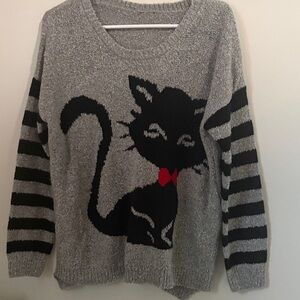 Gray Cat Sweater with Black Stripes
